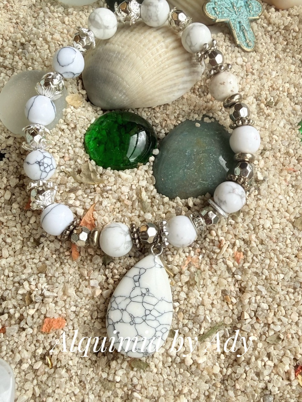 White Howlite Teardrop Pendant Bead Bracelet with Silver Accents